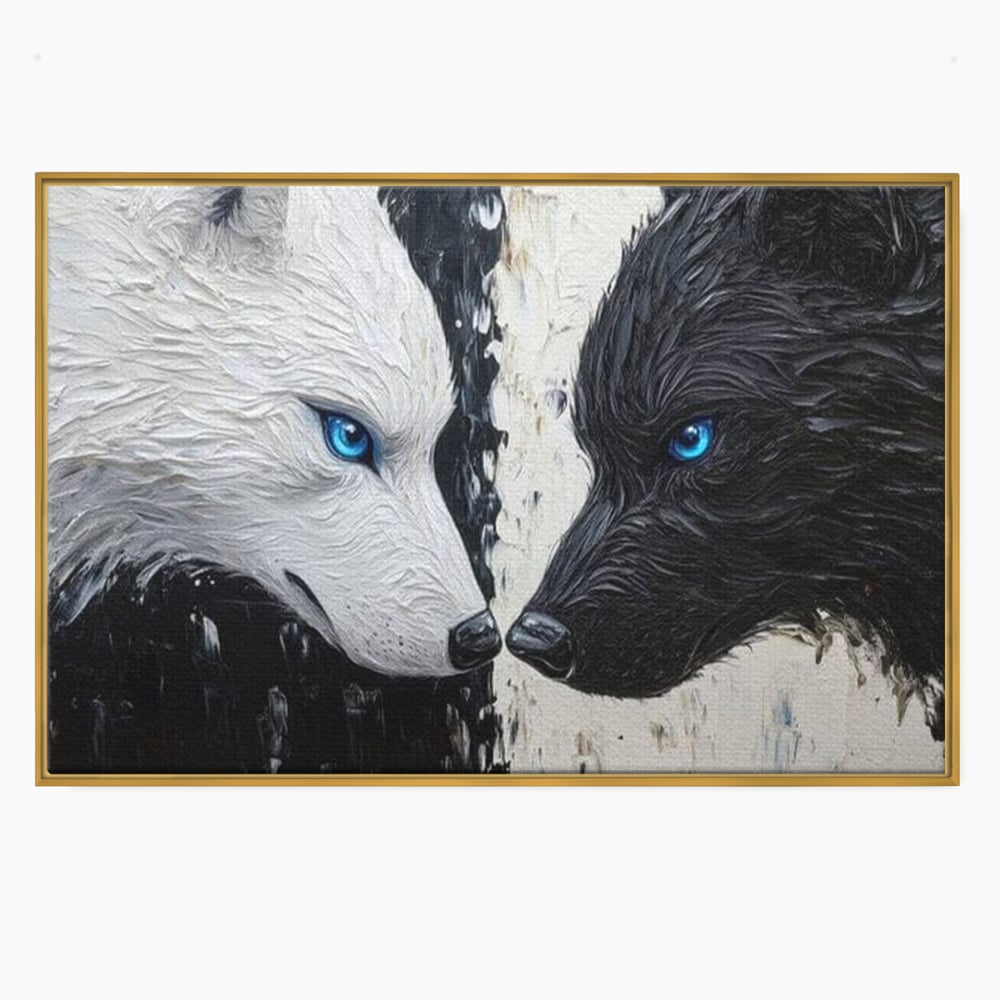 Tablou canvas cu tablou canvas cu doi lupi, in rama de aluminiu auriu